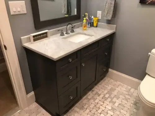 Modern bathroom vanity with marble countertop