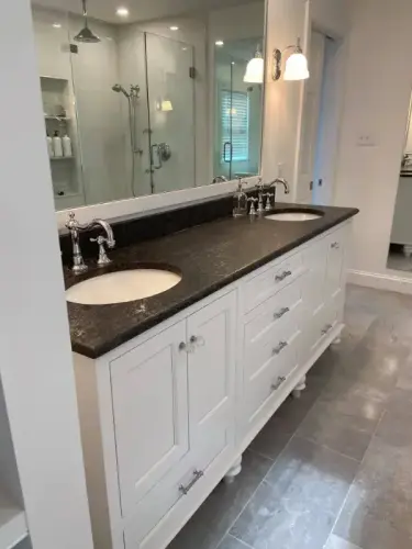 Modern bathroom with double sink vanity.