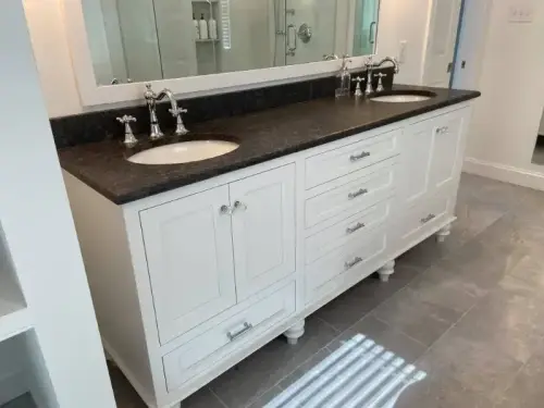 Modern bathroom with double sink vanity.