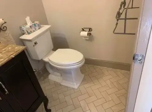 Small bathroom with toilet and tissue holder.