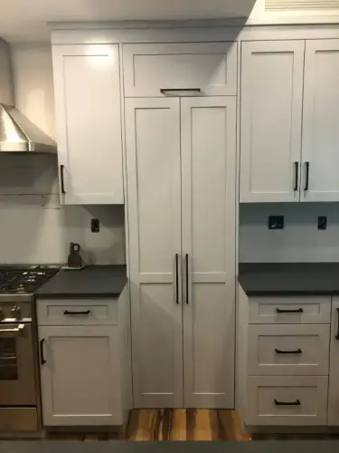 Modern kitchen cabinets with hidden fridge design.